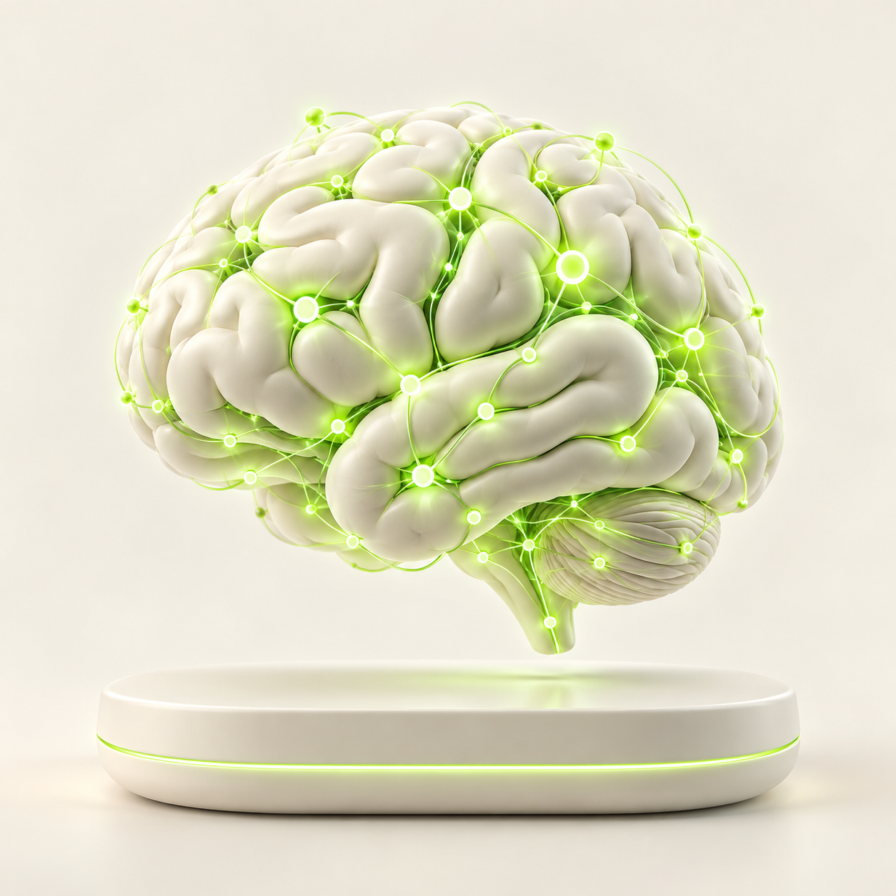 Cérebro futurista em soft 3D com conexões neurais verde-lima sobre uma plataforma ivory